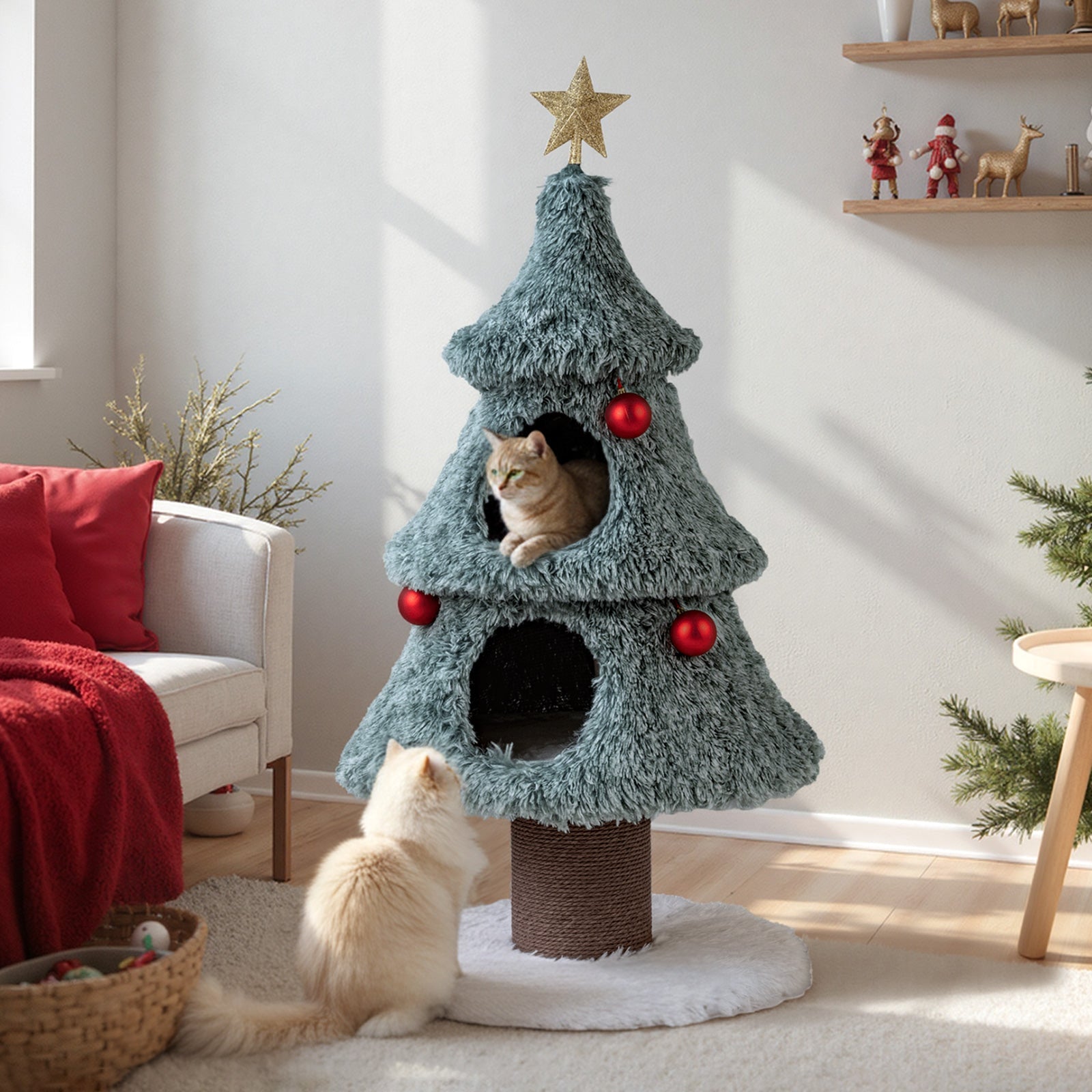 Christmas Cat Tree for Indoor Cats 48.5 inch Cute Cat Tower with 2 Large Condos Scratching Post-Green - Majestic Pet Kingdom