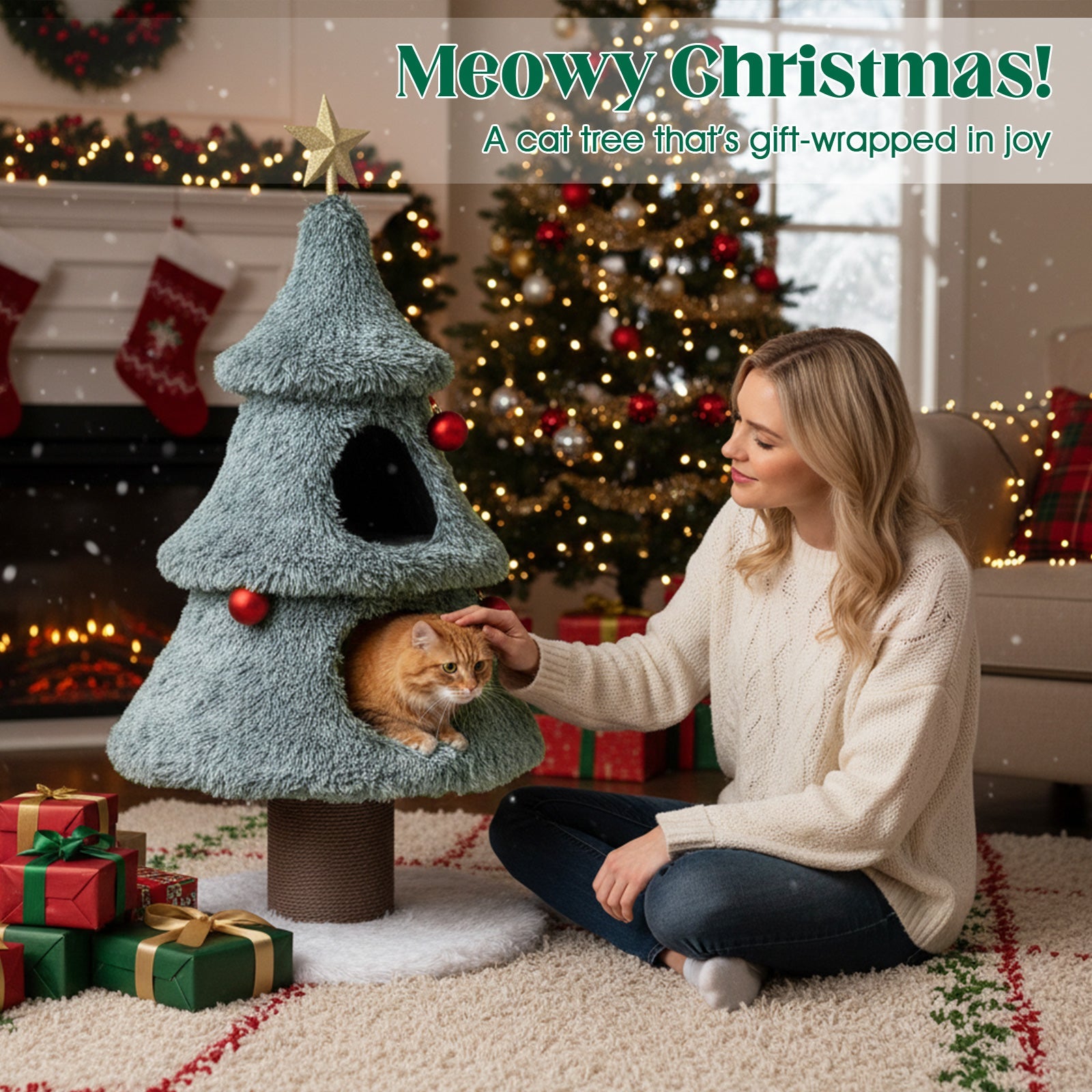 Christmas Cat Tree for Indoor Cats 48.5 inch Cute Cat Tower with 2 Large Condos Scratching Post-Green - Majestic Pet Kingdom