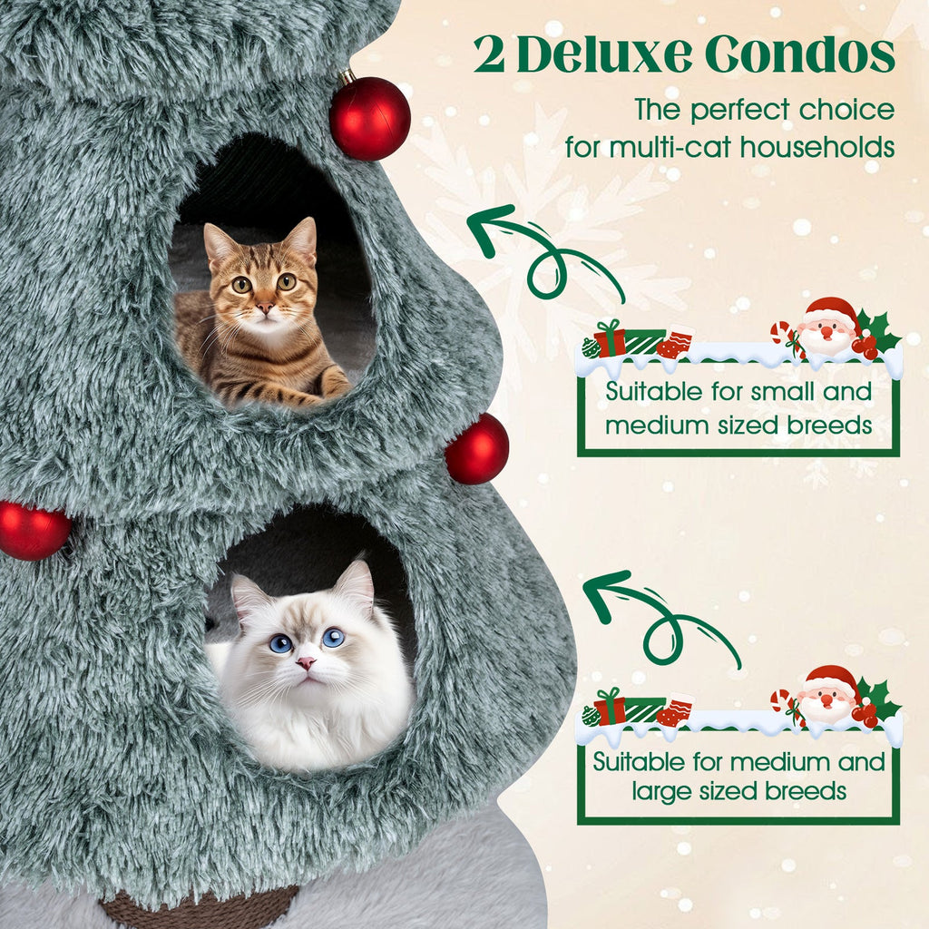 Christmas Cat Tree for Indoor Cats 48.5 inch Cute Cat Tower with 2 Large Condos Scratching Post-Green - Majestic Pet Kingdom