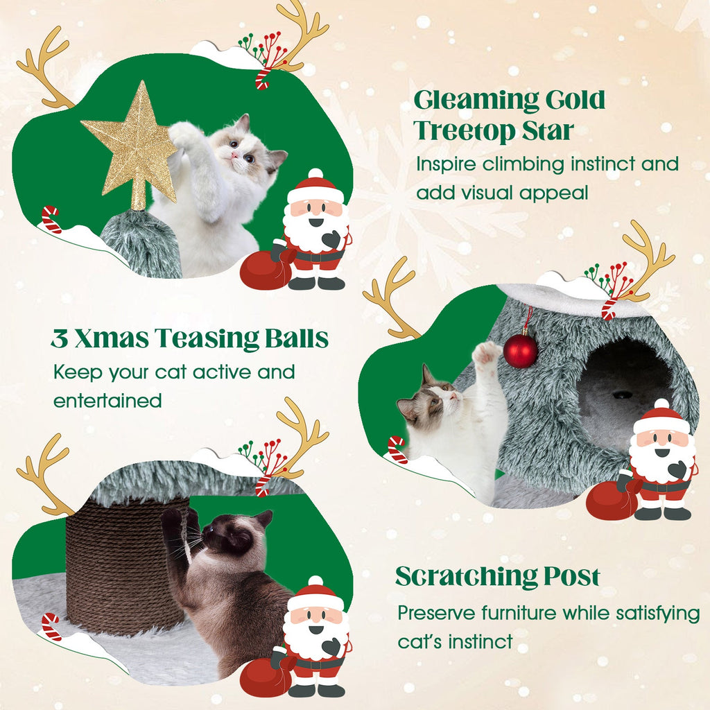 Christmas Cat Tree for Indoor Cats 48.5 inch Cute Cat Tower with 2 Large Condos Scratching Post-Green - Majestic Pet Kingdom
