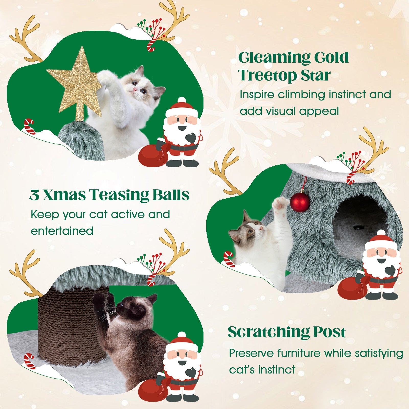 Christmas Cat Tree for Indoor Cats 48.5 inch Cute Cat Tower with 2 Large Condos Scratching Post-Green - Majestic Pet Kingdom