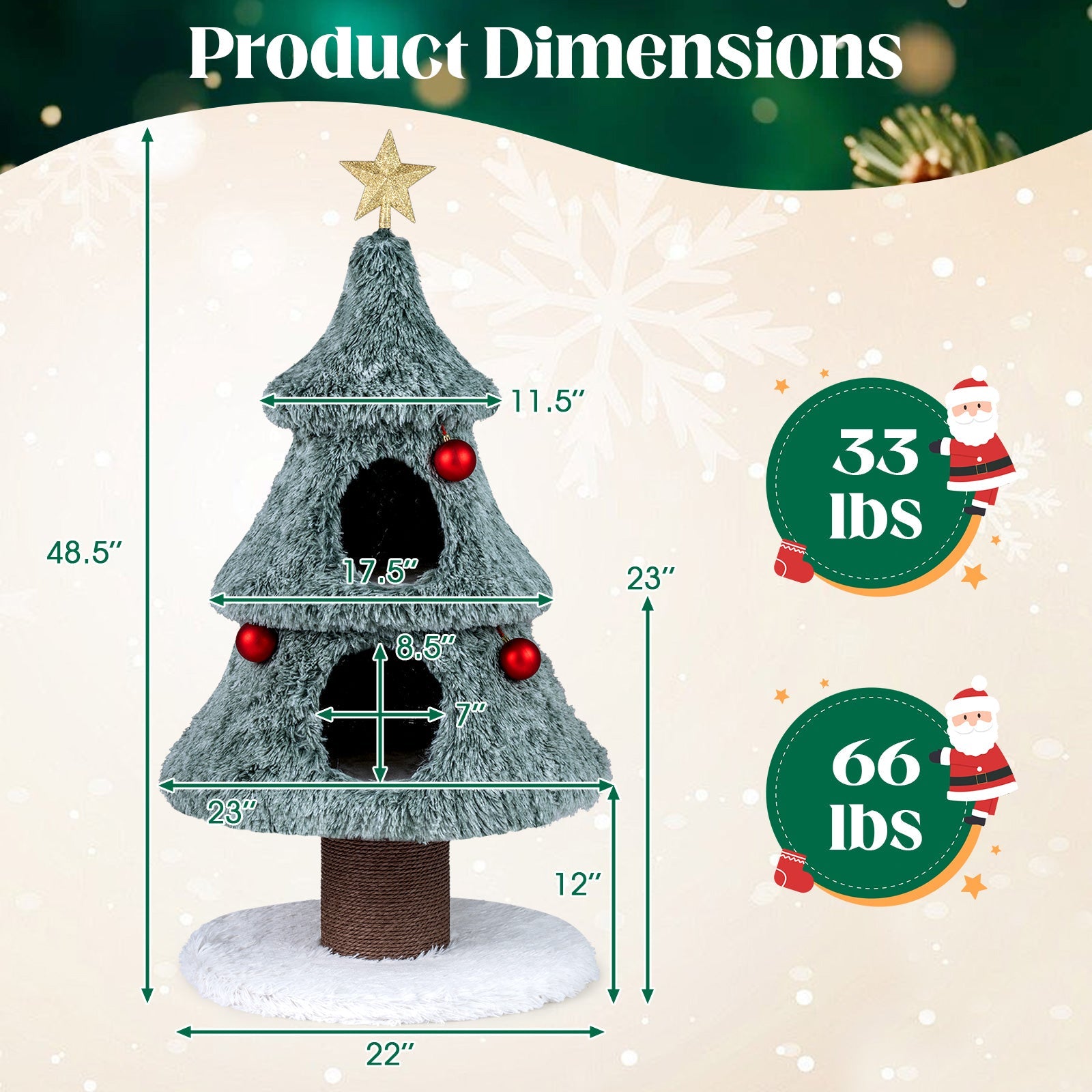 Christmas Cat Tree for Indoor Cats 48.5 inch Cute Cat Tower with 2 Large Condos Scratching Post-Green - Majestic Pet Kingdom