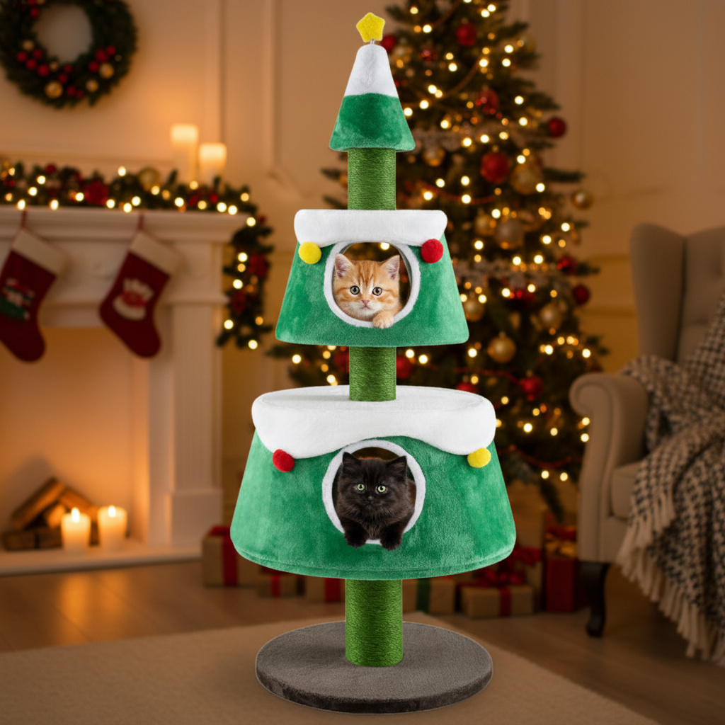Christmas Cat Tree for Indoor Cats Cute Holiday Cat Tower with 2 Condos-Green - Majestic Pet Kingdom