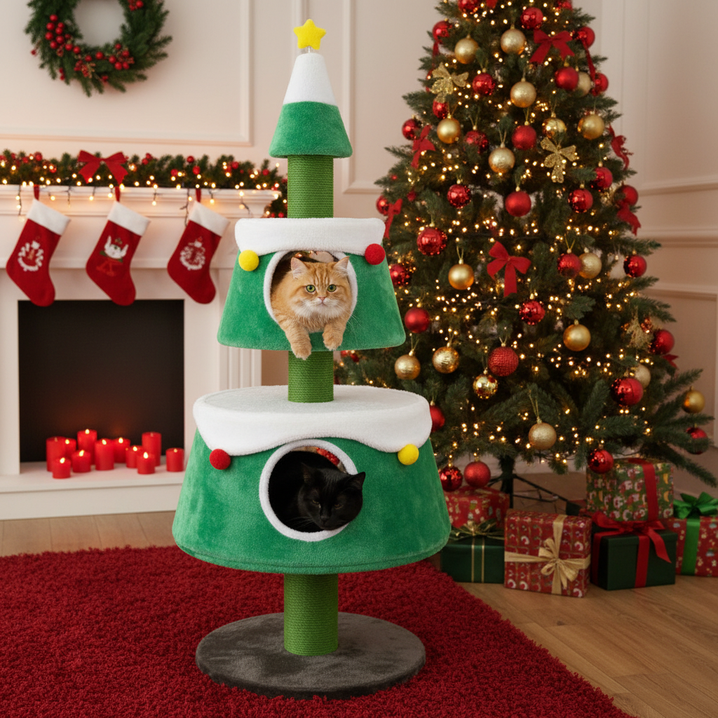 Christmas Cat Tree for Indoor Cats Cute Holiday Cat Tower with 2 Condos-Green - Majestic Pet Kingdom