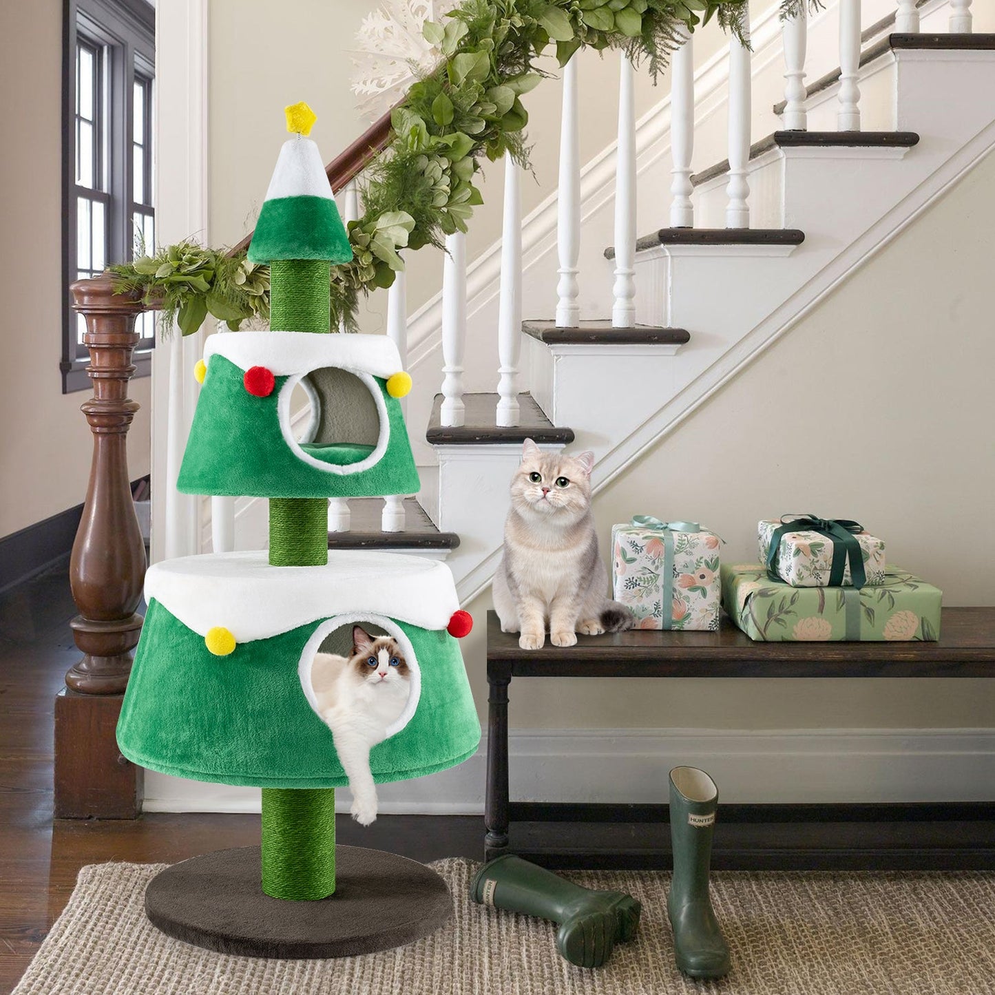Cat Tree Christmas Holiday Cute Tower 2 Condos Green Plush - Detail Angle 4 | Majestic Pet Kingdom