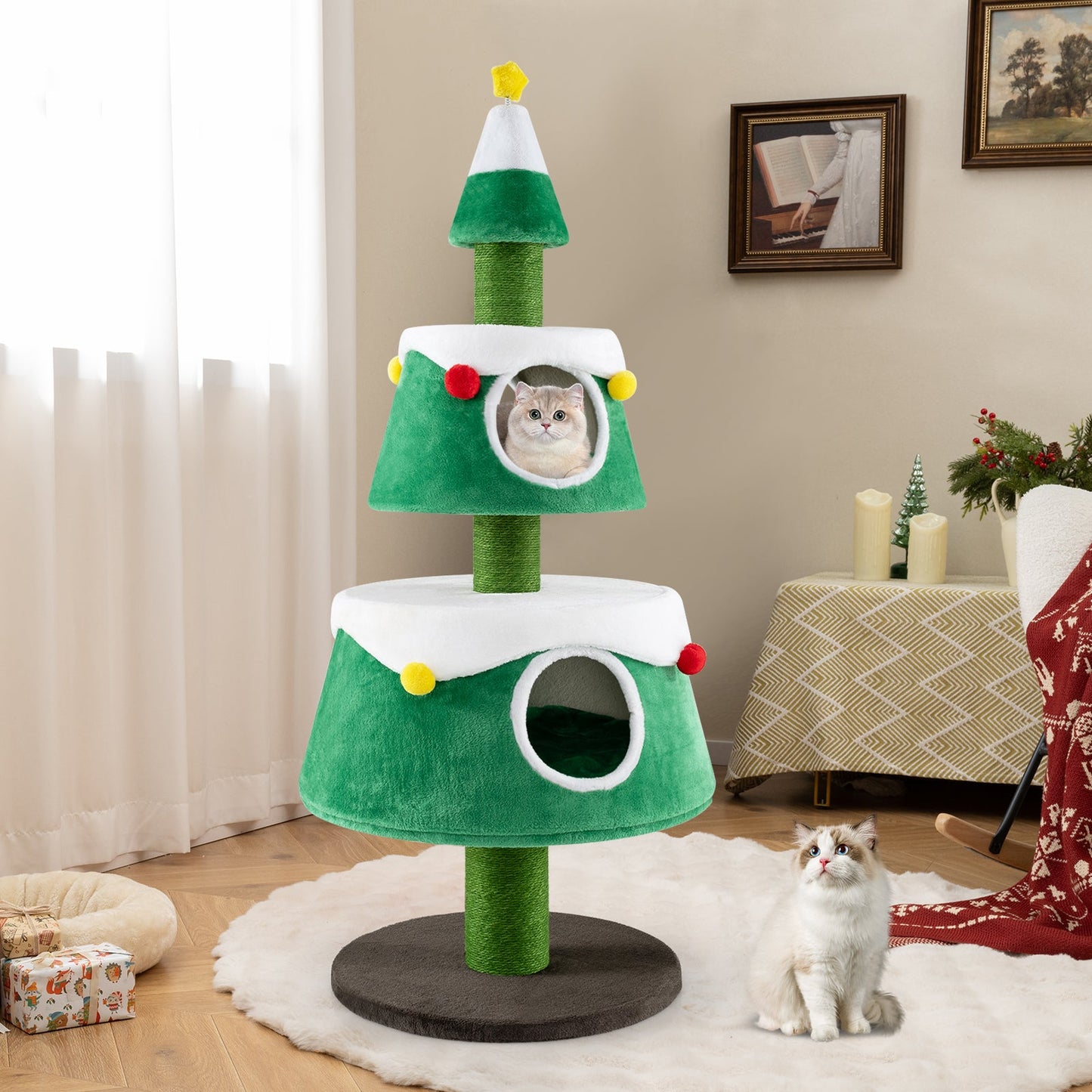 Cat Tree Christmas Holiday Cute Tower 2 Condos Green Plush - Detail Angle 5 | Majestic Pet Kingdom