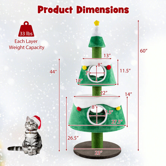 Cat Tree Christmas Holiday Cute Tower 2 Condos Green Plush - Detail Angle 2 | Majestic Pet Kingdom