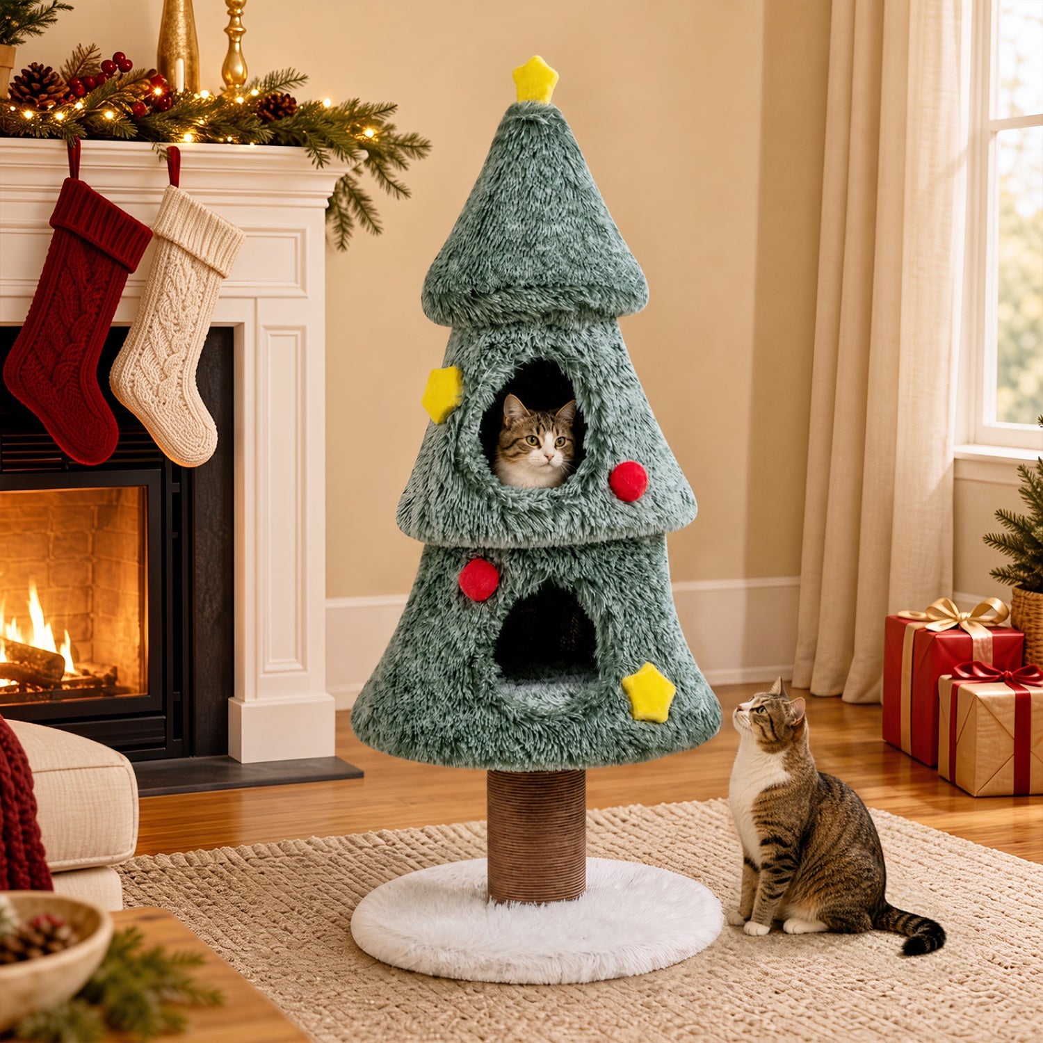 Christmas Cat Tree with 2 Condos & Scratching Post - Majestic Pet Kingdom