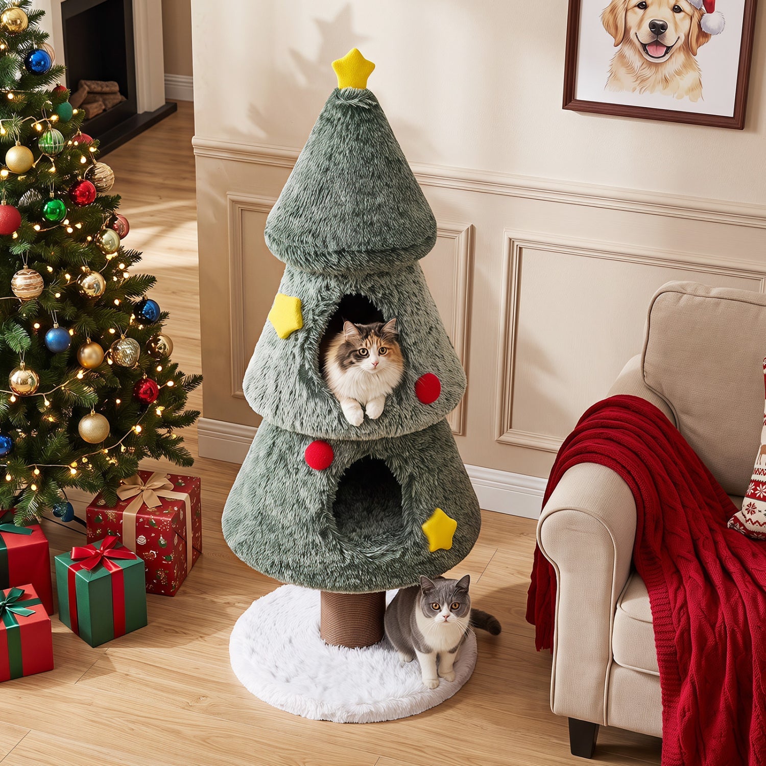 Christmas Cat Tree with 2 Condos & Scratching Post - Majestic Pet Kingdom