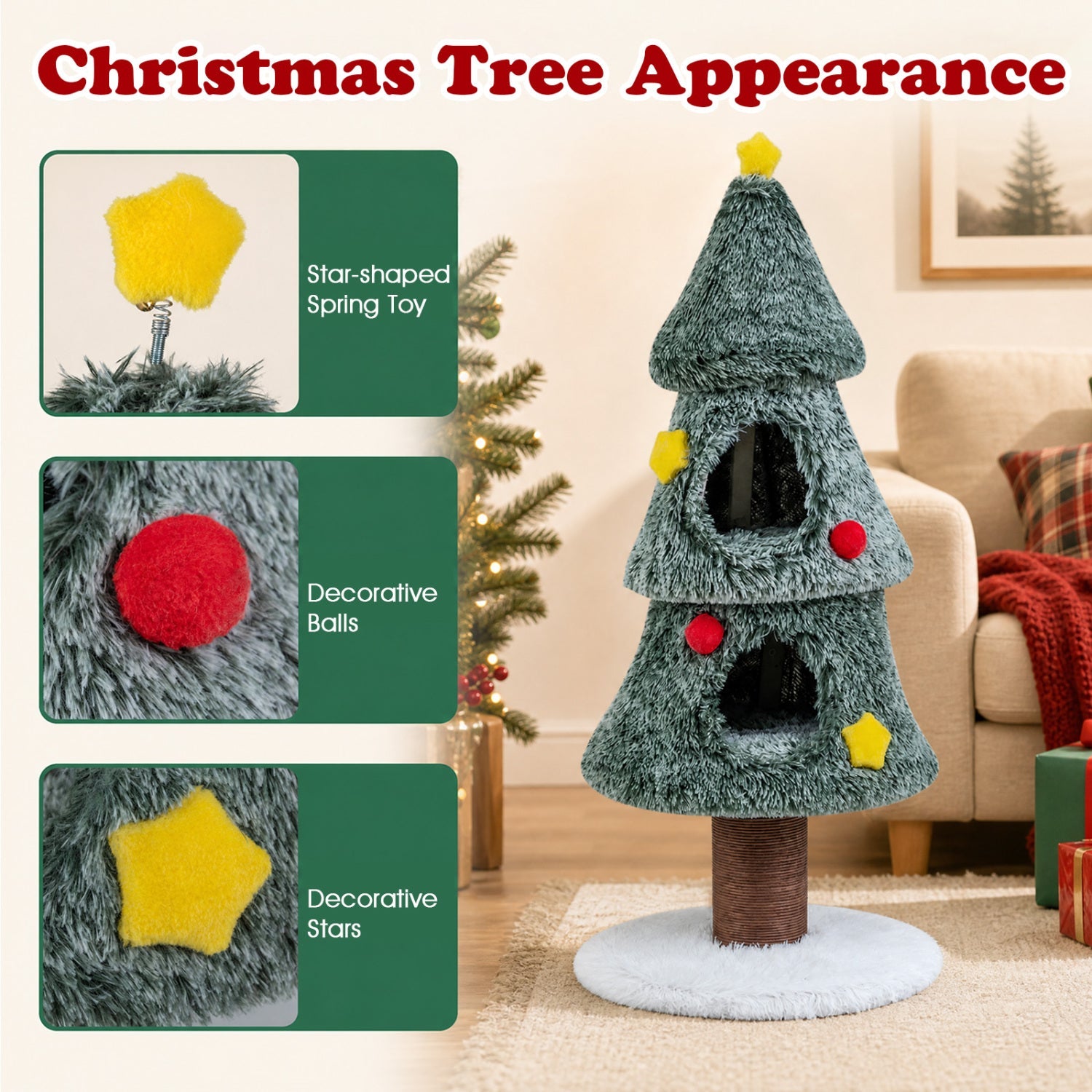 Christmas Cat Tree with 2 Condos & Scratching Post - Majestic Pet Kingdom