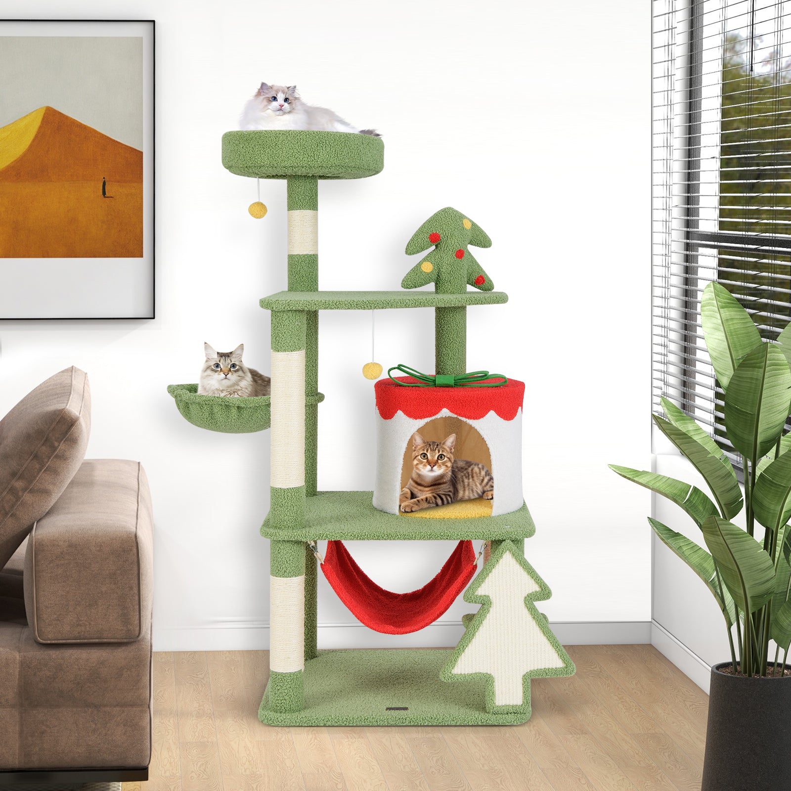 Cute Christmas Cat Tree with Sisal Scratching Posts and Gift Box Shaped Condo-Green - Majestic Pet Kingdom