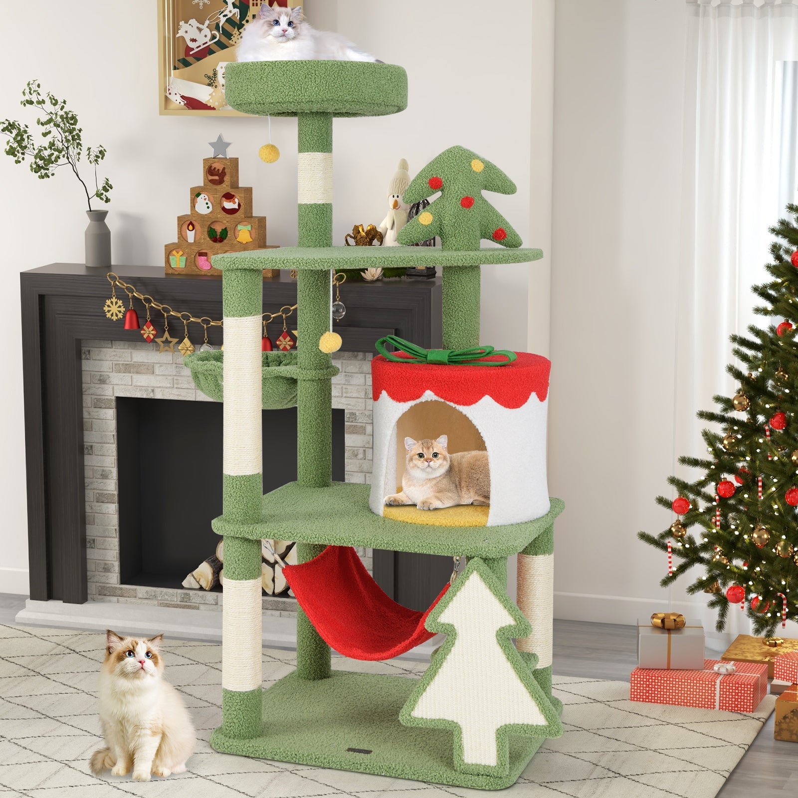 Cute Christmas Cat Tree with Sisal Scratching Posts and Gift Box Shaped Condo-Green - Majestic Pet Kingdom