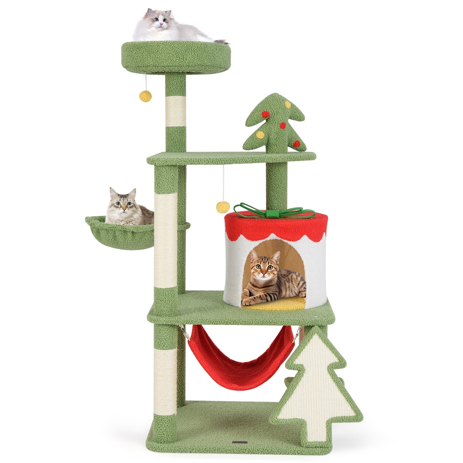 Cute Christmas Cat Tree with Sisal Scratching Posts and Gift Box Shaped Condo-Green - Majestic Pet Kingdom