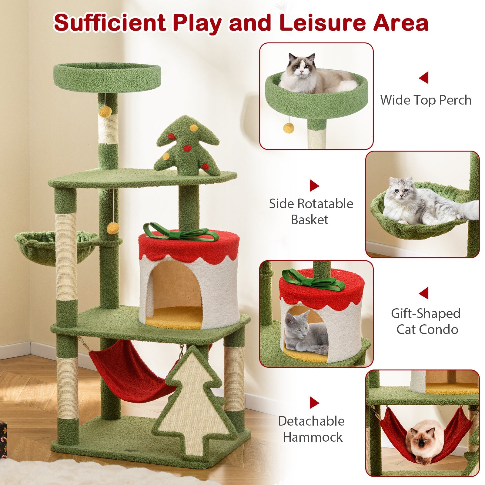 Cute Christmas Cat Tree with Sisal Scratching Posts and Gift Box Shaped Condo-Green - Majestic Pet Kingdom