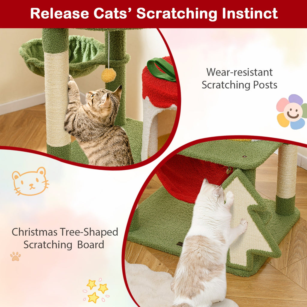 Cute Christmas Cat Tree with Sisal Scratching Posts and Gift Box Shaped Condo-Green - Majestic Pet Kingdom