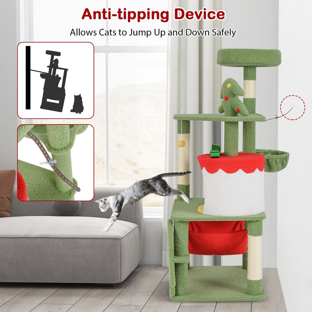 Cute Christmas Cat Tree with Sisal Scratching Posts and Gift Box Shaped Condo-Green - Majestic Pet Kingdom