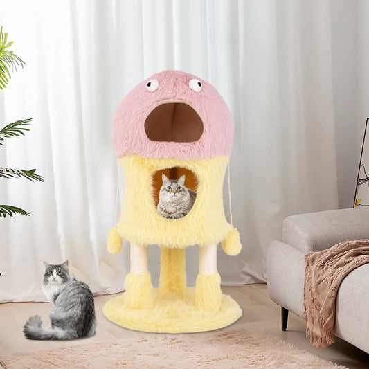 Cute Monster-Themed Cat Tower with 2 Private Condos and 3-Level Activity Center-Yellow | Purrfect Pet Kingdom