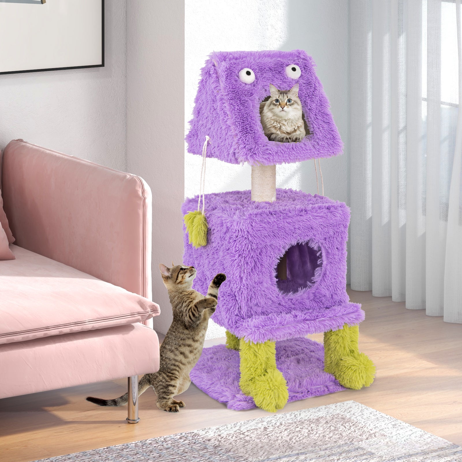Cute Monster-Themed Cat Tower with 2 Private Condos for Small Place-Purple | Purrfect Pet Kingdom
