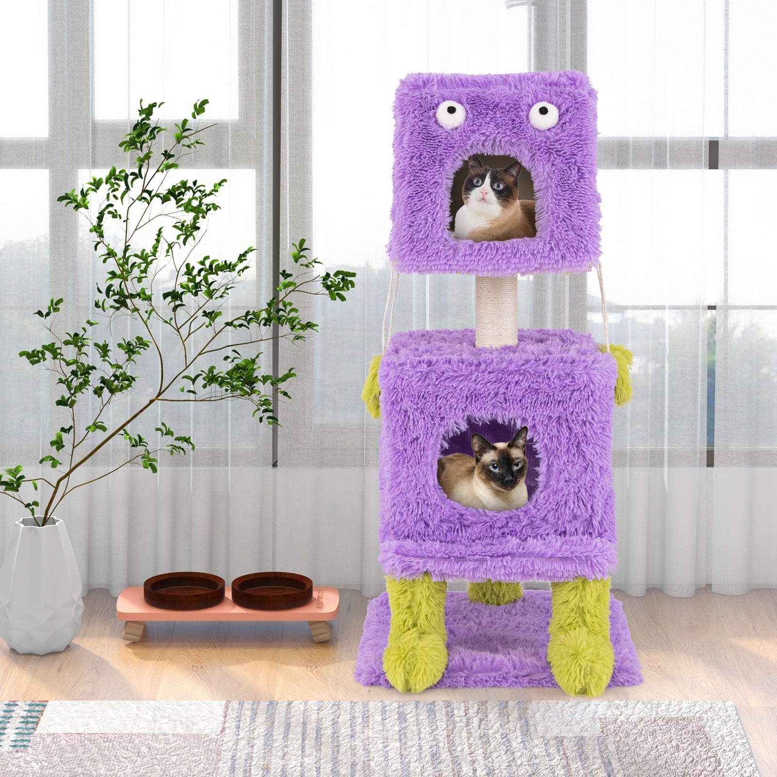 Cute Monster-Themed Cat Tower with 2 Private Condos for Small Place-Purple | Purrfect Pet Kingdom