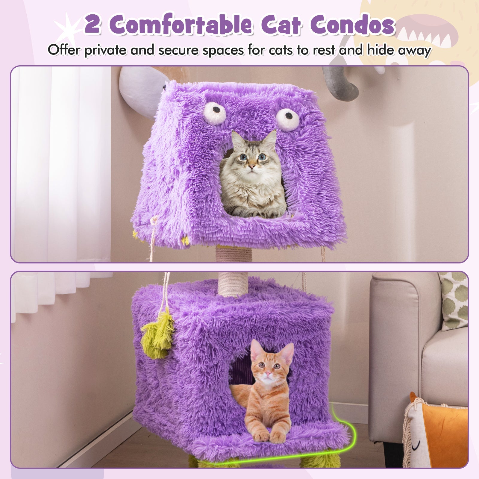 Cute Monster-Themed Cat Tower with 2 Private Condos for Small Place-Purple | Purrfect Pet Kingdom