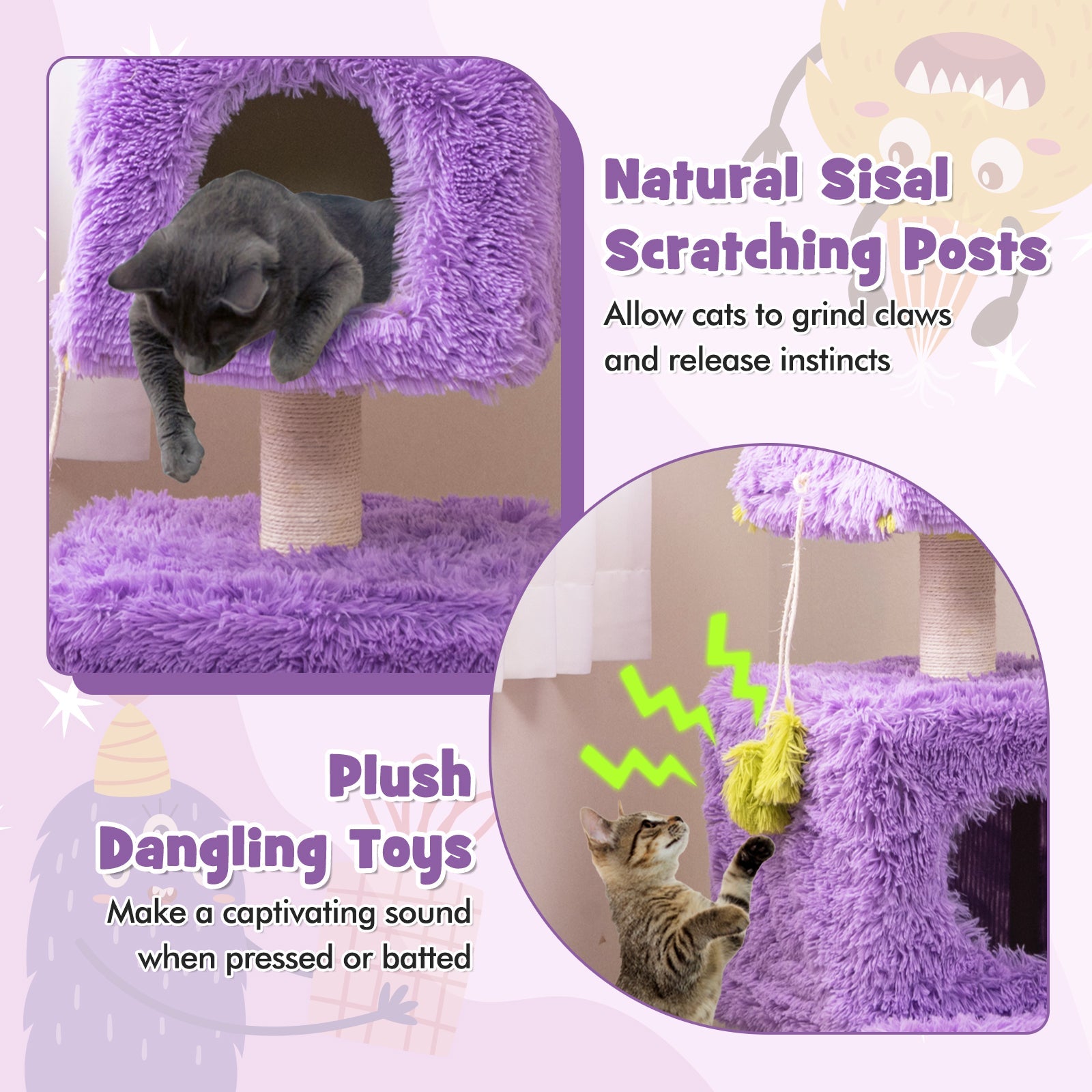 Cute Monster-Themed Cat Tower with 2 Private Condos for Small Place-Purple | Purrfect Pet Kingdom