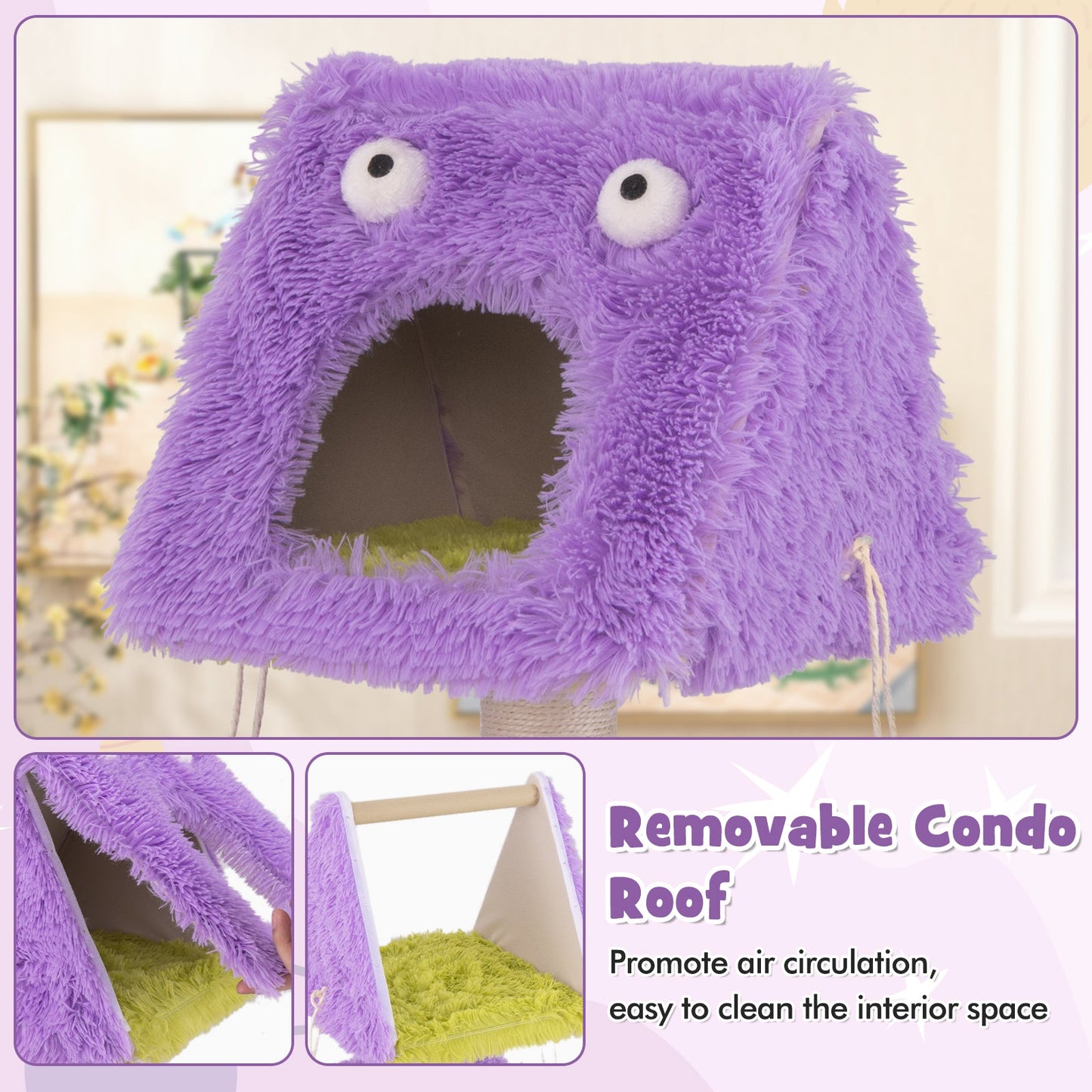 Cute Monster-Themed Cat Tower with 2 Private Condos for Small Place-Purple | Purrfect Pet Kingdom