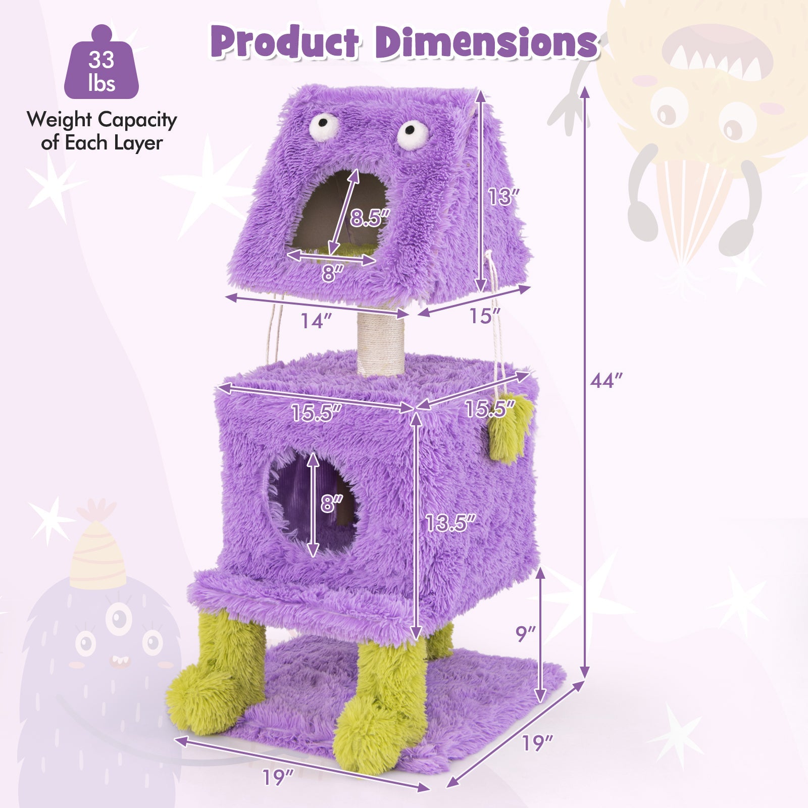 Cute Monster-Themed Cat Tower with 2 Private Condos for Small Place-Purple | Purrfect Pet Kingdom