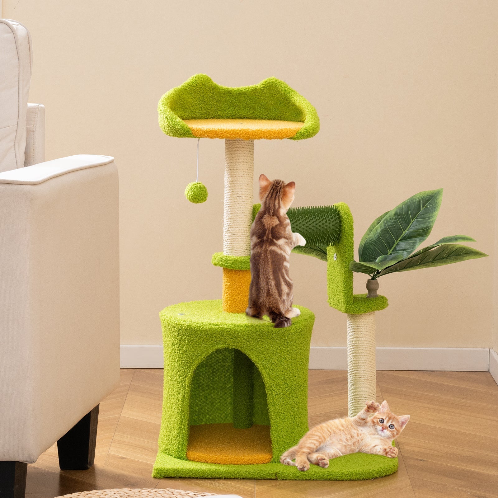 Cute Palm Cat Tree for Indoor Cats with Artificial Leaves-Green - Majestic Pet Kingdom