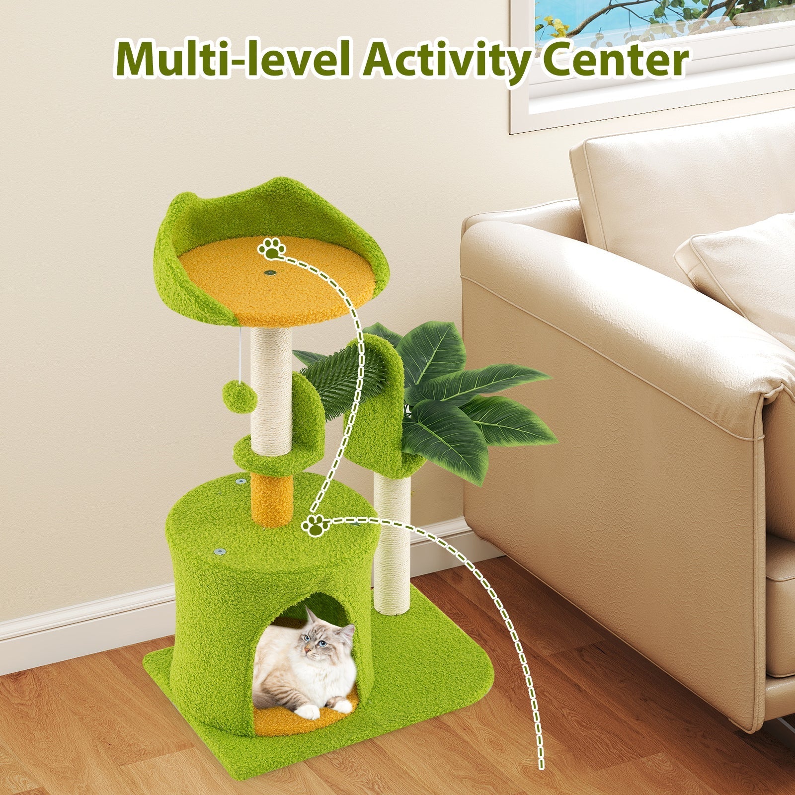Cute Palm Cat Tree for Indoor Cats with Artificial Leaves-Green - Majestic Pet Kingdom