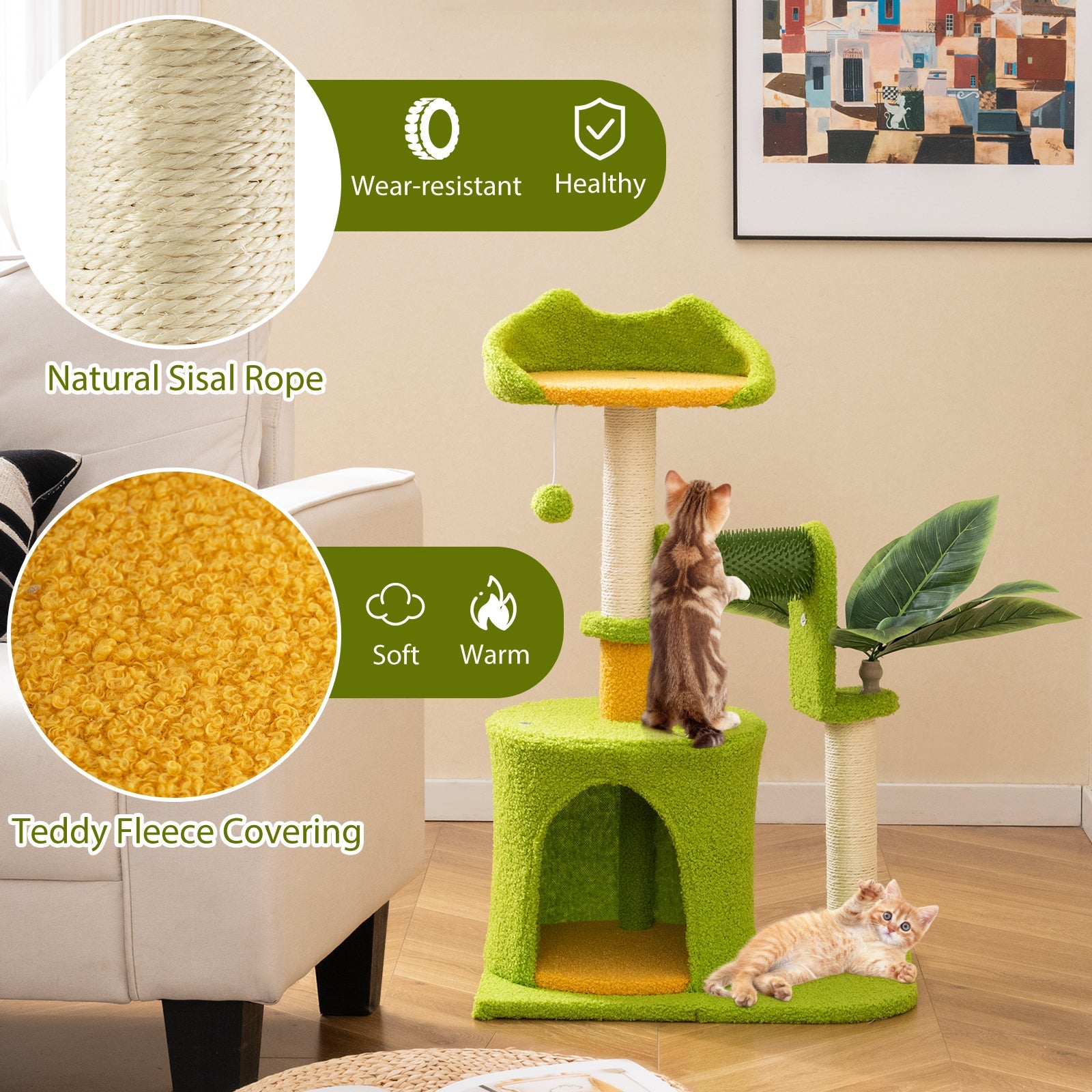 Cute Palm Cat Tree for Indoor Cats with Artificial Leaves-Green - Majestic Pet Kingdom