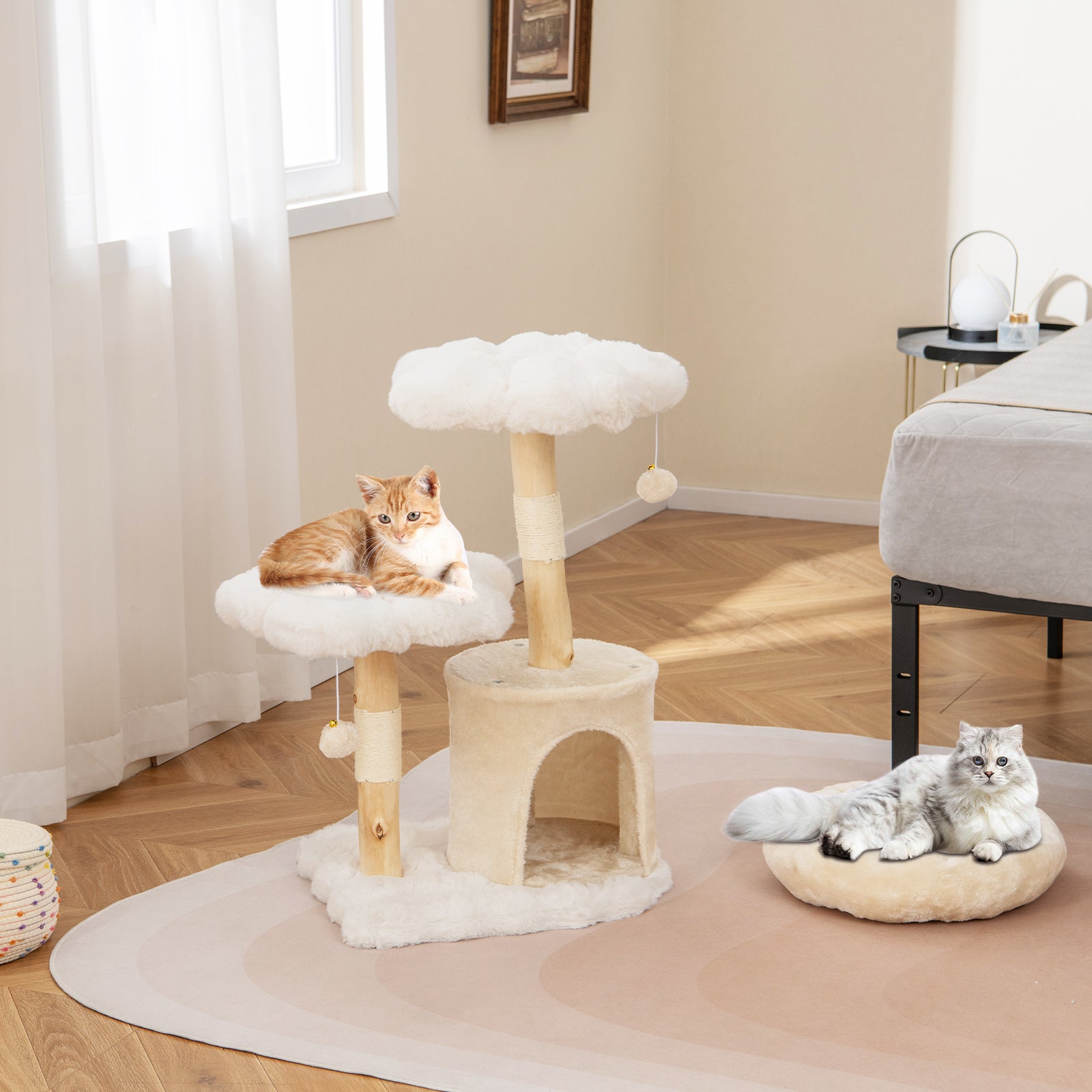 Cute Solid Wood Cat Tree Natural Branch Modern Flower Cat Tower with Sisal Scratching Posts-Beige - Majestic Pet Kingdom