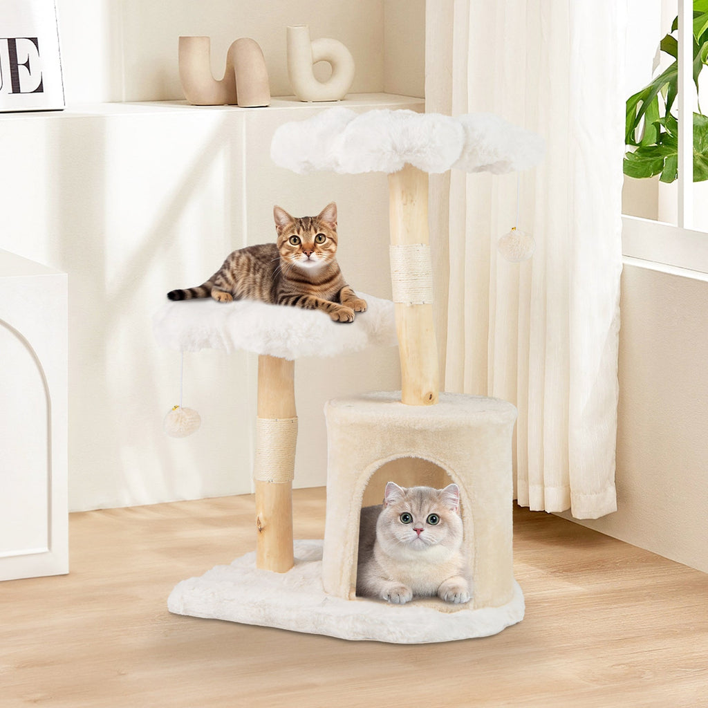 Cute Solid Wood Cat Tree Natural Branch Modern Flower Cat Tower with Sisal Scratching Posts-Beige - Majestic Pet Kingdom