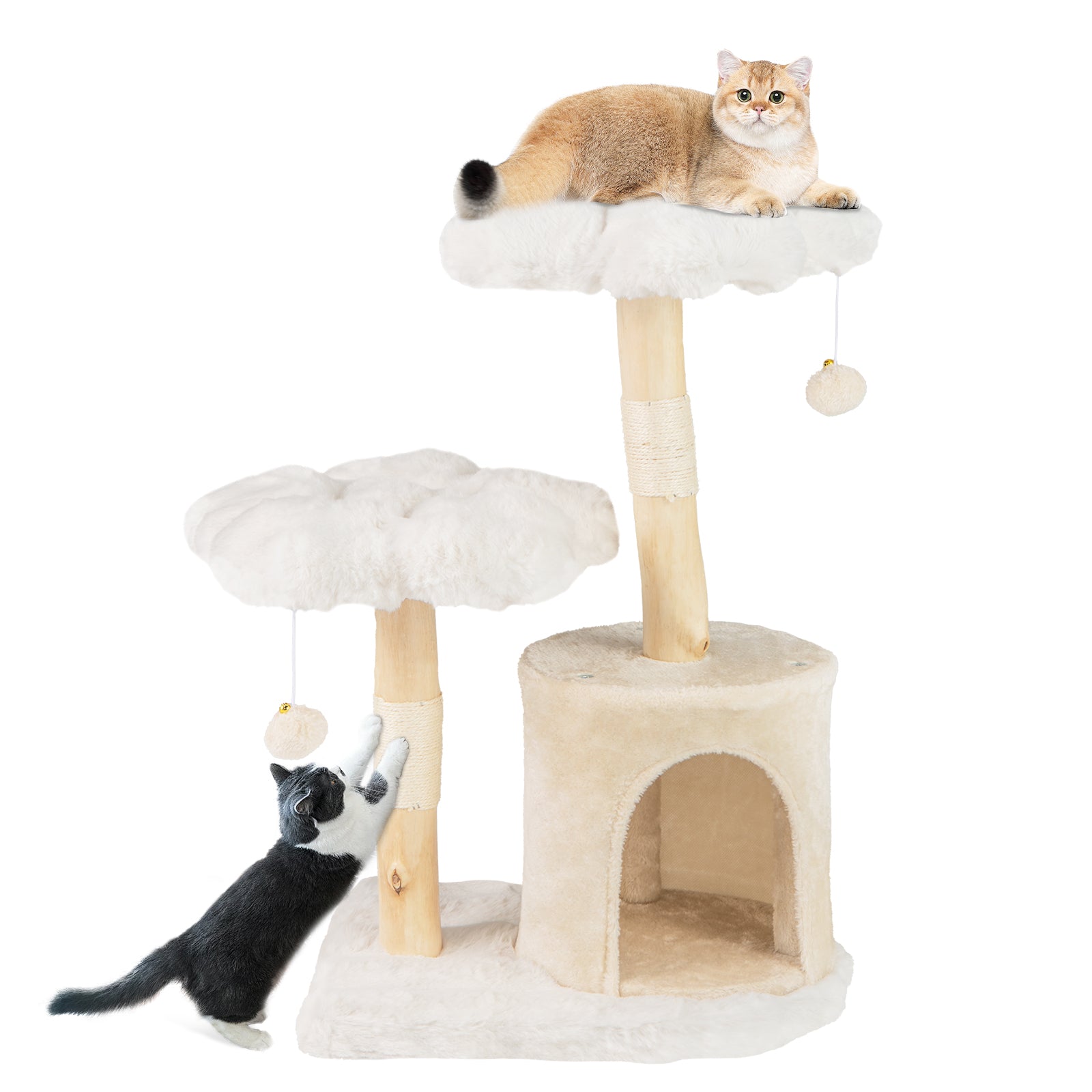 Cute Solid Wood Cat Tree Natural Branch Modern Flower Cat Tower with Sisal Scratching Posts-Beige - Majestic Pet Kingdom
