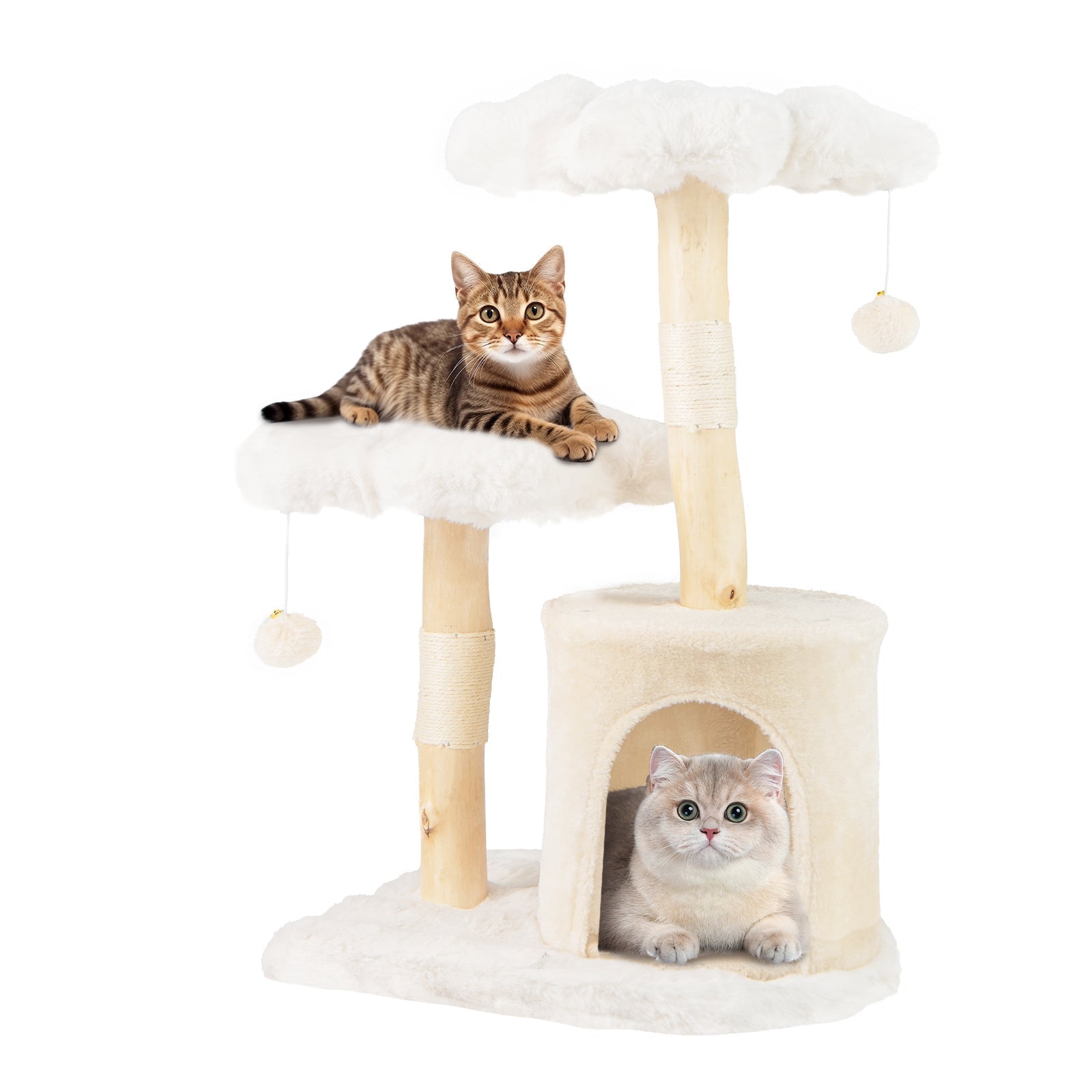 Cute Solid Wood Cat Tree Natural Branch Modern Flower Cat Tower with Sisal Scratching Posts-Beige - Majestic Pet Kingdom