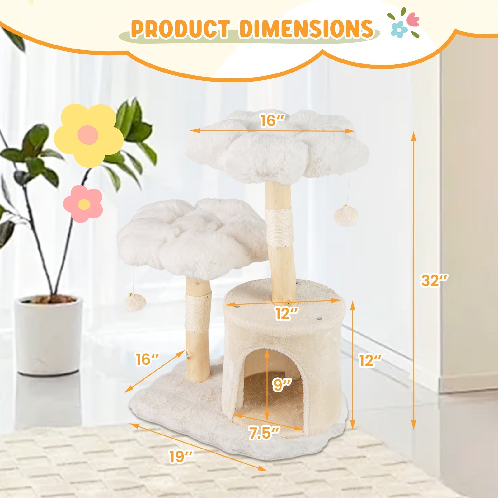 Cute Solid Wood Cat Tree Natural Branch Modern Flower Cat Tower with Sisal Scratching Posts-Beige - Majestic Pet Kingdom