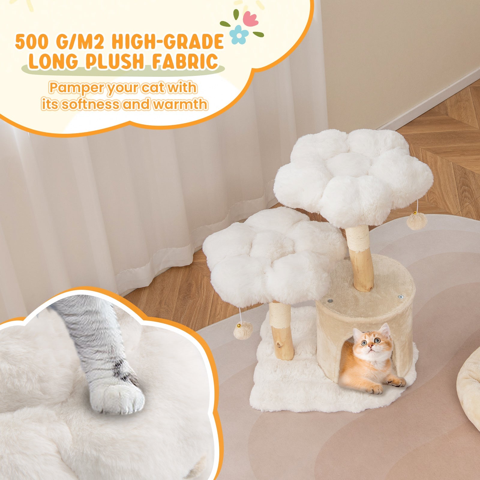 Cat Tree Solid Wood Branch Tower Flower Perch Sisal Beige - Detail Angle 6 | Majestic Pet Kingdom
