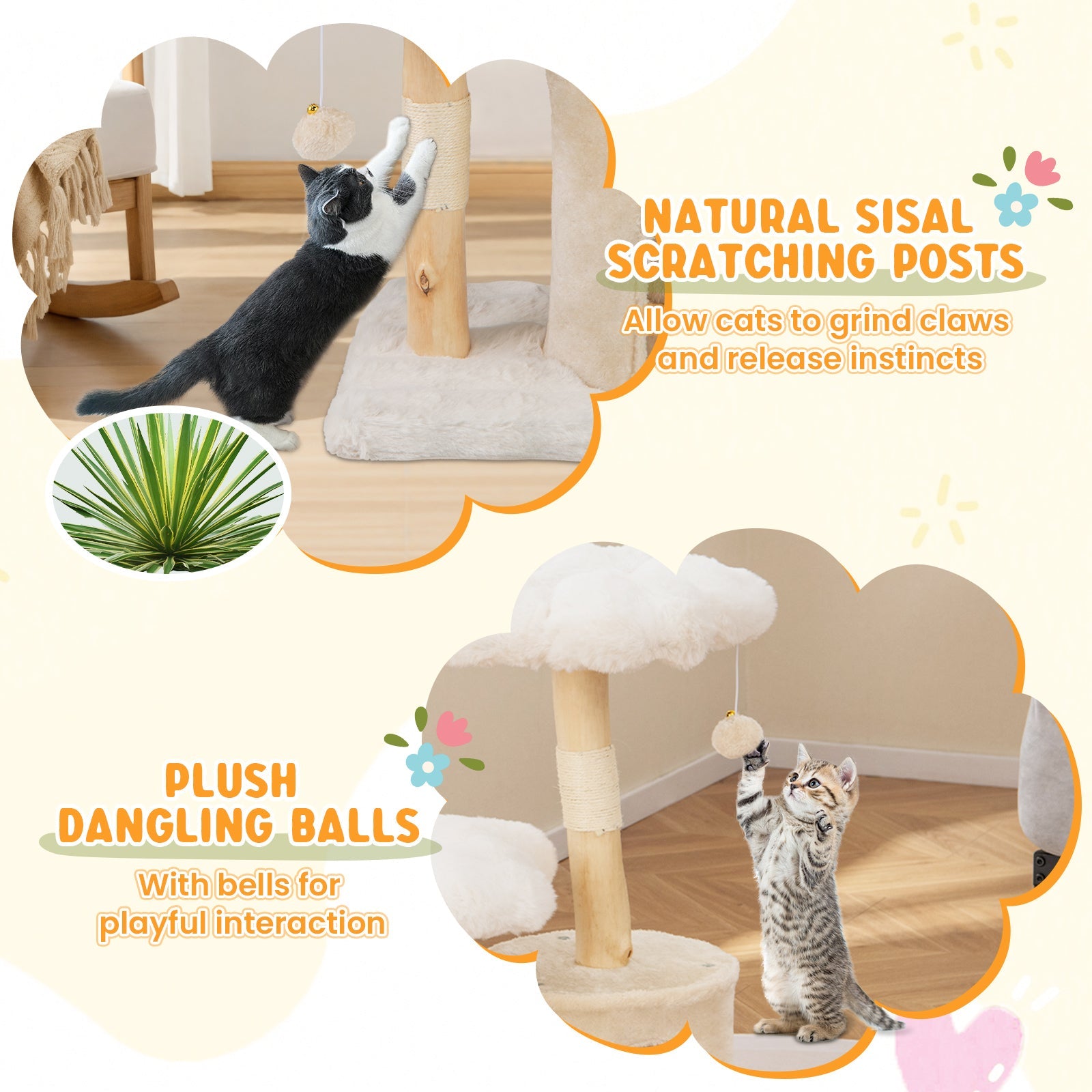 Cat Tree Solid Wood Branch Tower Flower Perch Sisal Beige - Detail Angle 7 | Majestic Pet Kingdom