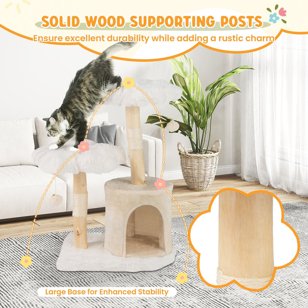 Cute Solid Wood Cat Tree Natural Branch Modern Flower Cat Tower with Sisal Scratching Posts-Beige - Majestic Pet Kingdom