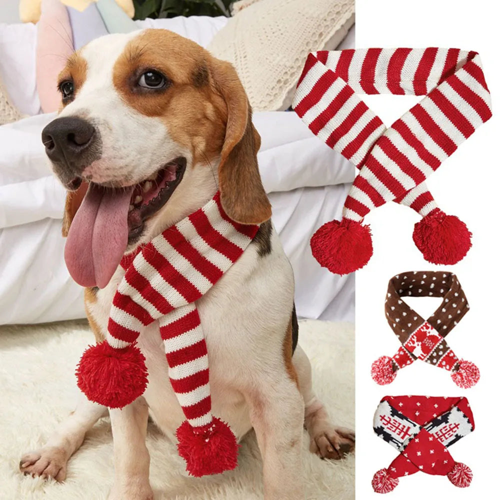 Christmas Dog Scarf Knitted Elk Scarf Striped Hair Ball Pet