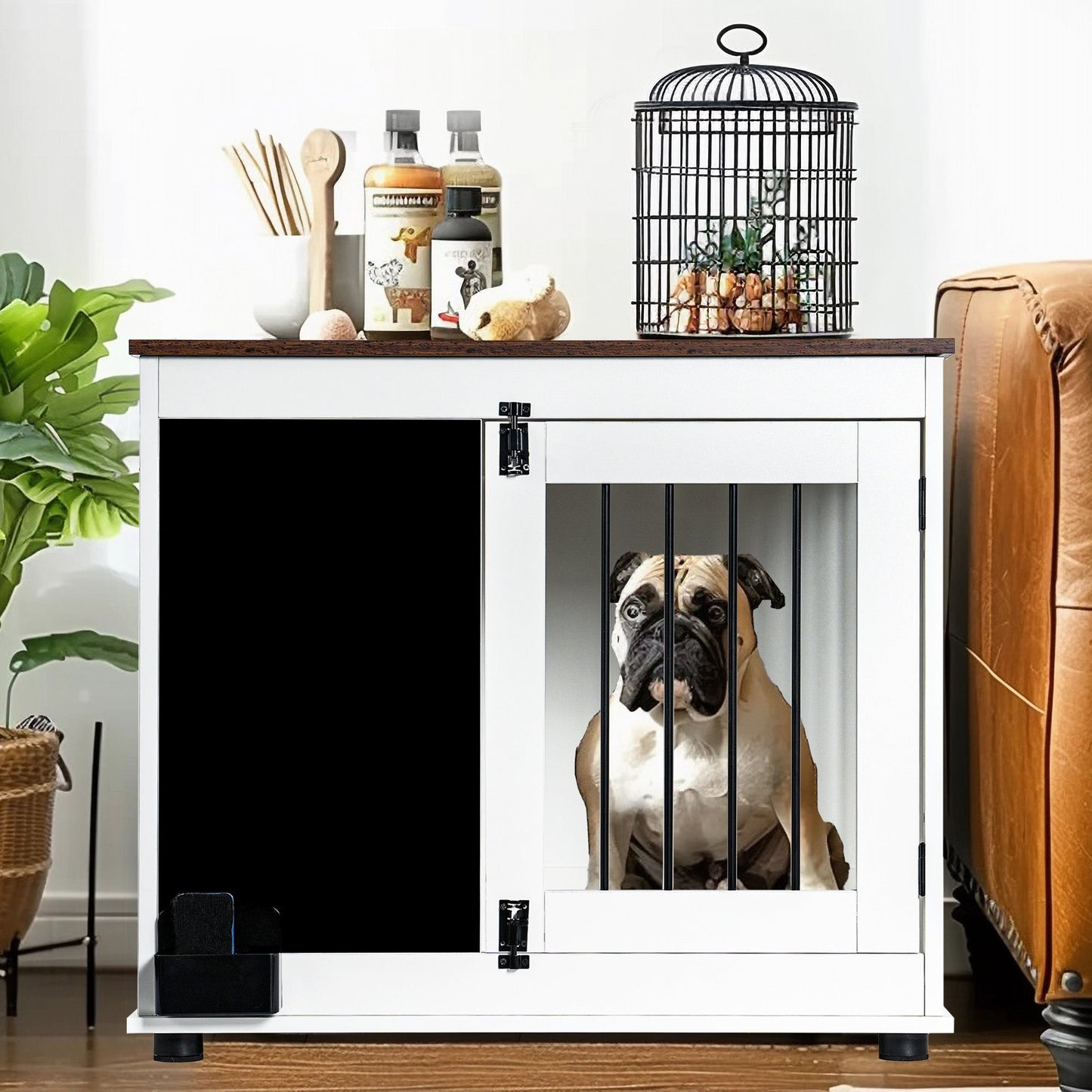 Dog Crate Furniture Wooden Kennel Double Door End Table White - Detail Angle 6 | Majestic Pet Kingdom