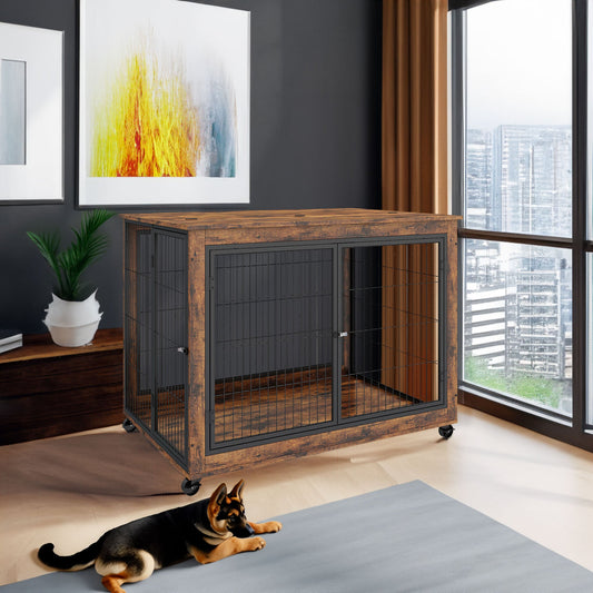 Furniture Style Dog Crate Side Table on Wheels with Double Doors and Lift Top. Rustic Brown, 43.7'' W x 30'' D x 31.1'' H. | Purrfect Pet Kingdom
