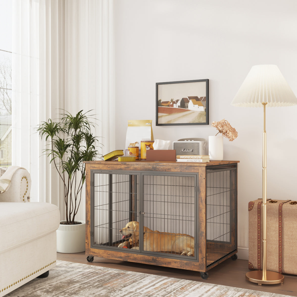 Dog Crate Furniture 43.7in Large Rolling Table Lift-Top Brown - Detail Angle 3 | Majestic Pet Kingdom