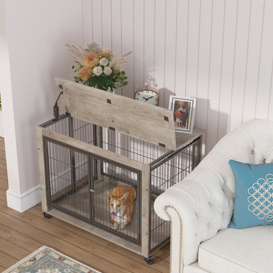 Dog Crate Furniture 38.5in Rolling Table Double Door Lift-Top - Detail Angle 2 | Majestic Pet Kingdom