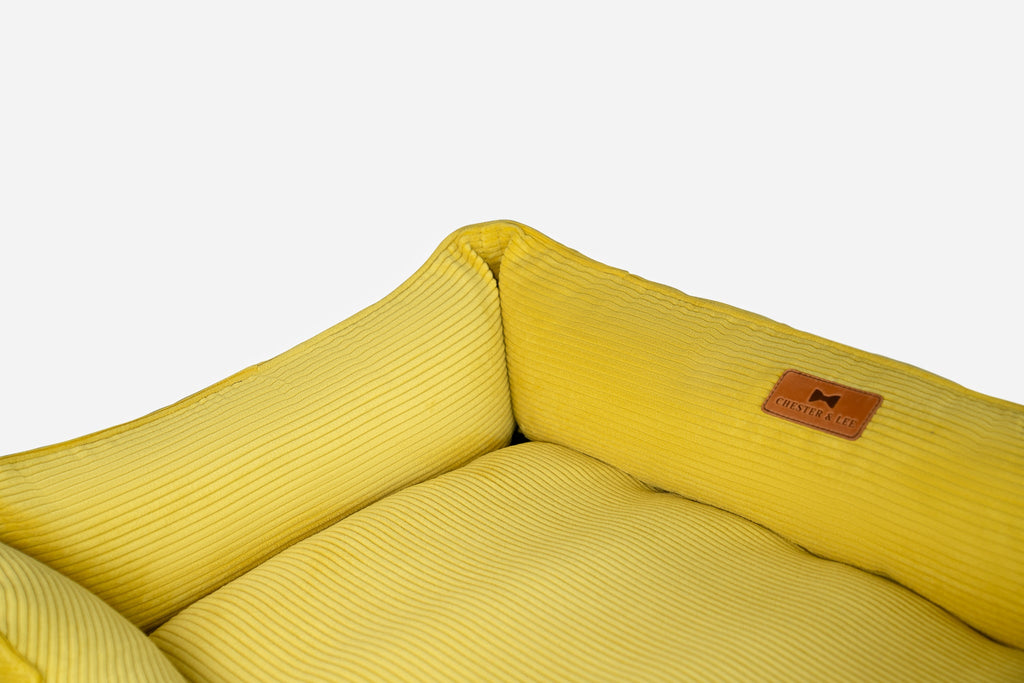 Fancy Corduroy Sleeper Dog Bed - Sunny Yellow Cushion - Majestic Pet Kingdom