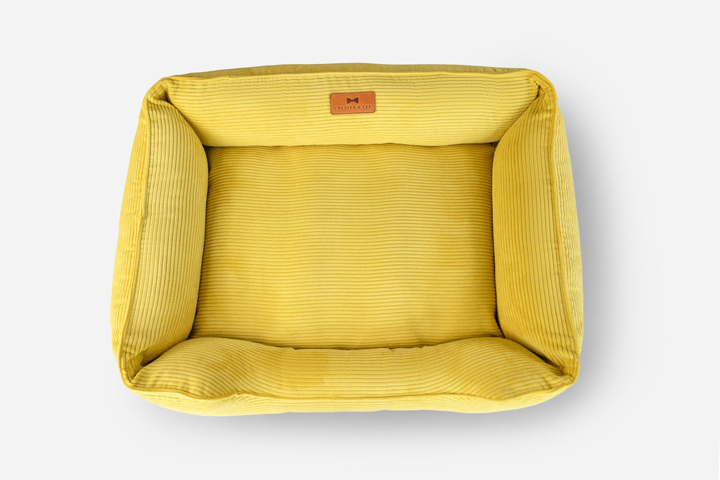 Fancy Corduroy Sleeper Dog Bed - Sunny Yellow Cushion - Majestic Pet Kingdom