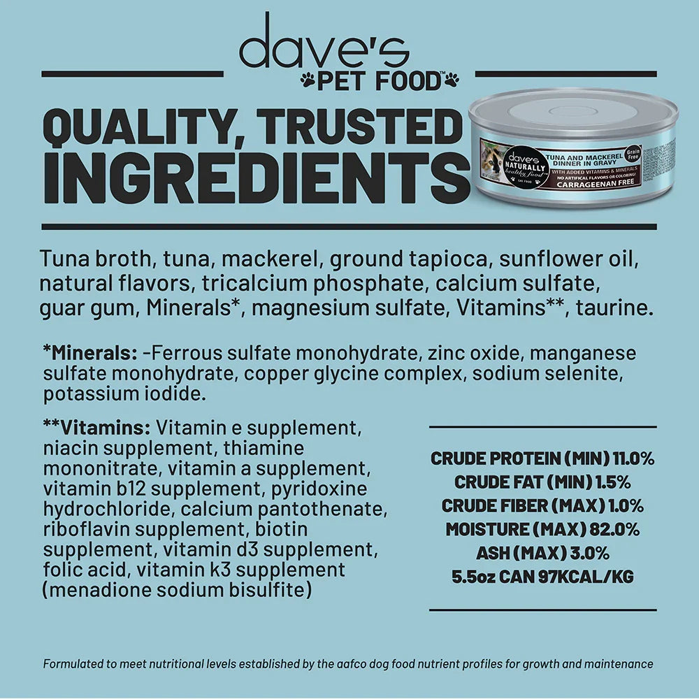 Dave's Naturally Healthy Grain Free Grilled Tuna & Mackerel Dinner In Gravy Wet Cat Food (5.5oz) - Majestic Pet Kingdom