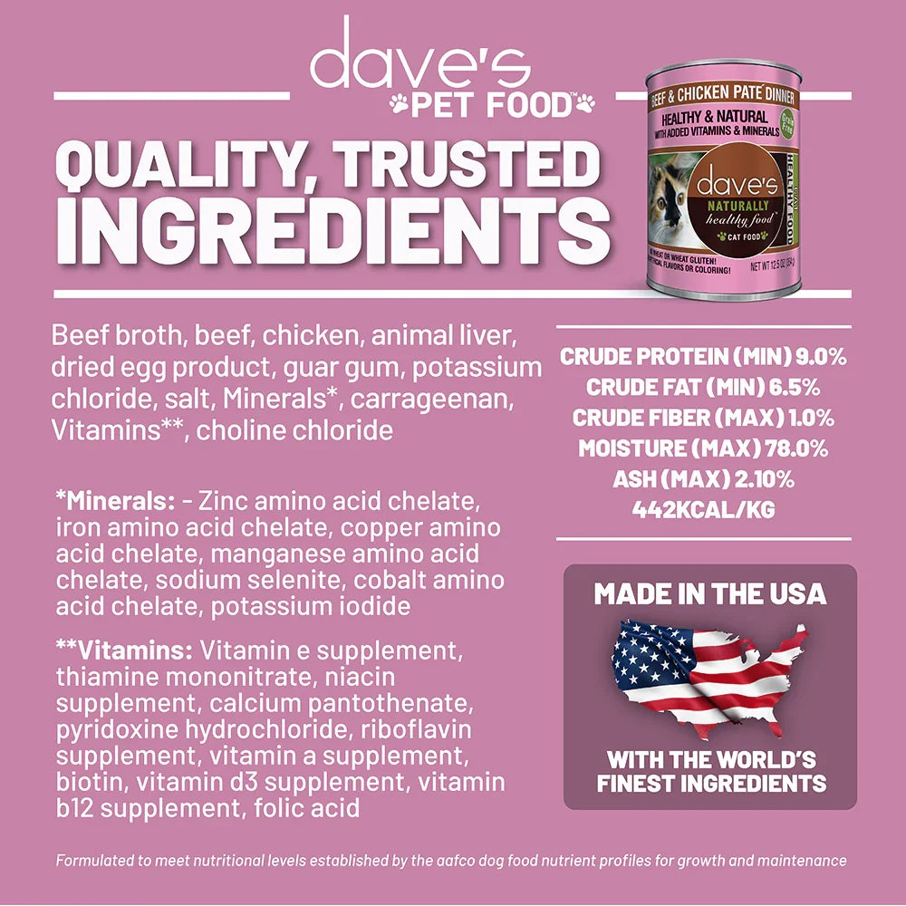 Dave's Naturally Healthy Beef & Chicken Dinner Paté Wet Cat Food (12.5oz) - Majestic Pet Kingdom