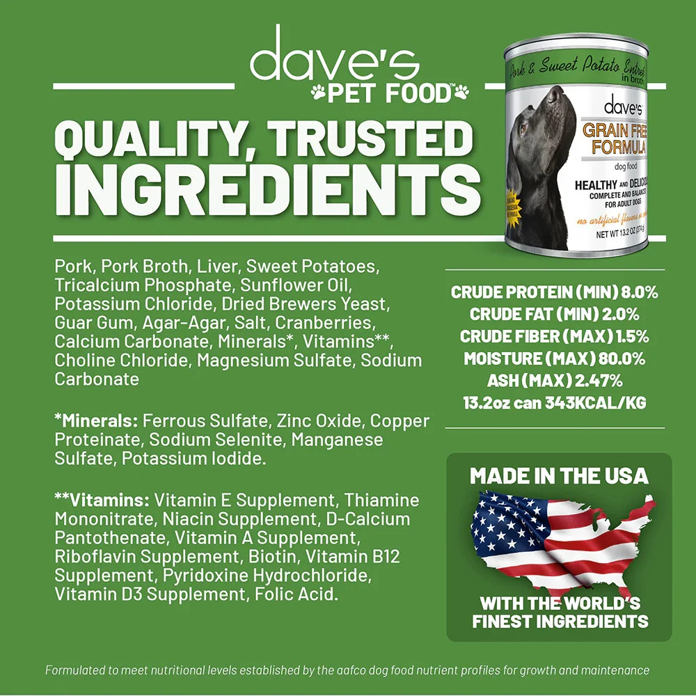 Dave's Grain Free Pork & Sweet Potato Entrée For Dogs (13.2oz) - Majestic Pet Kingdom