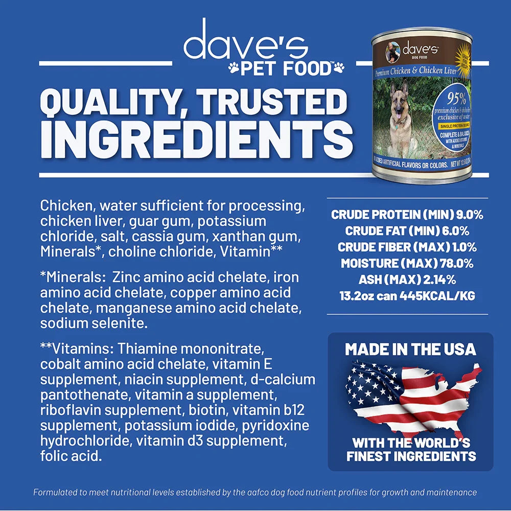 Dave's 95% Premium Meats™ Chicken & Chicken Liver For Dogs (12.5oz) - Majestic Pet Kingdom