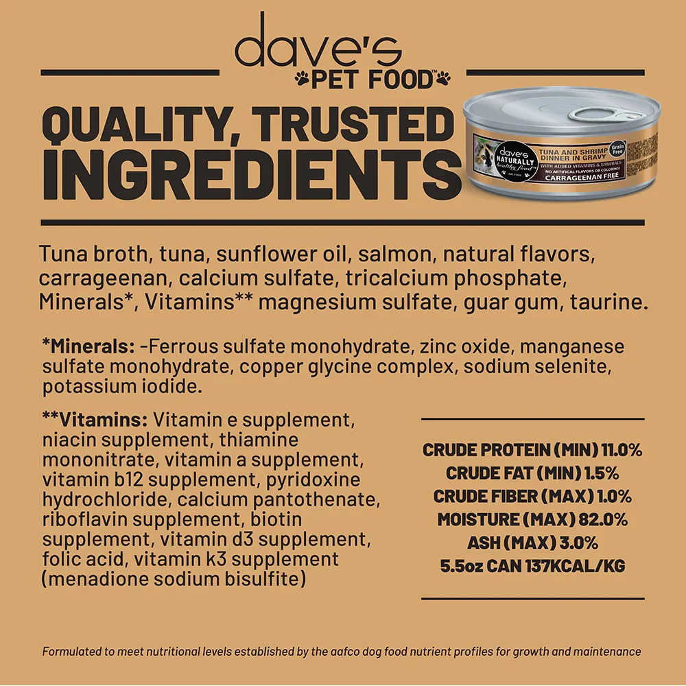 Dave's Naturally Healthy Grain Free Tuna & Shrimp Dinner in Gravy Wet Cate Food (5.5oz) - Majestic Pet Kingdom